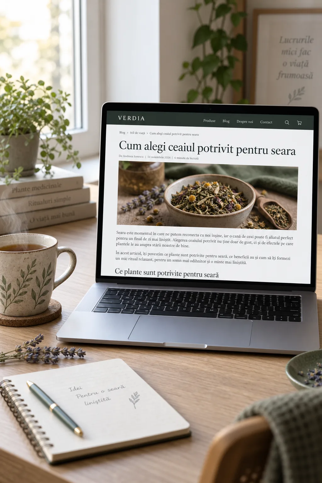 Laptop deschis pe un articol de blog publicat, lângă o cană de ceai și un carnet de notițe