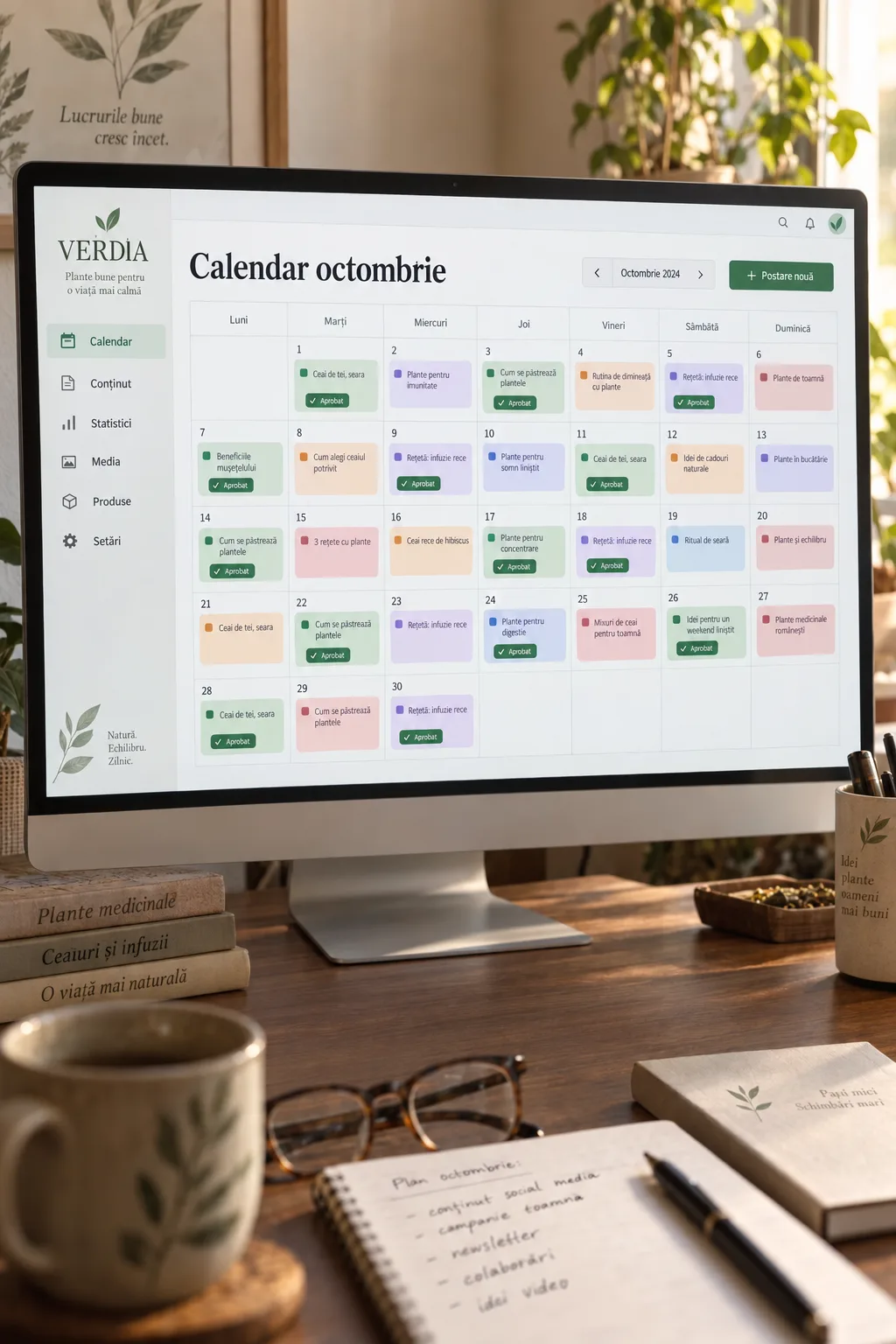 Monitor pe un birou, cu calendarul lunar de conținut deschis: subiectele lunii, fiecare cu eticheta Aprobat