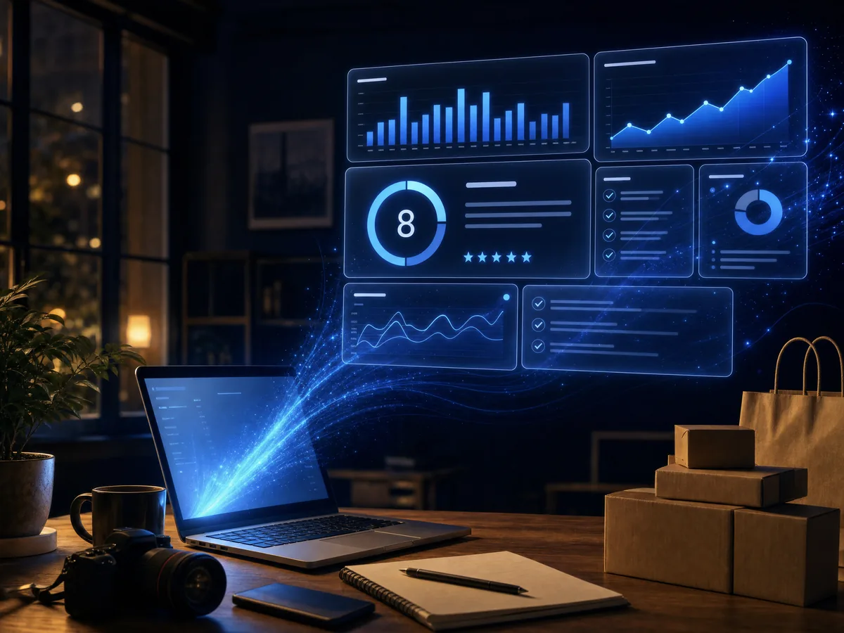 Dashboard holografic de audit al prezenței online, proiectat dintr-un laptop pe un birou de lucru