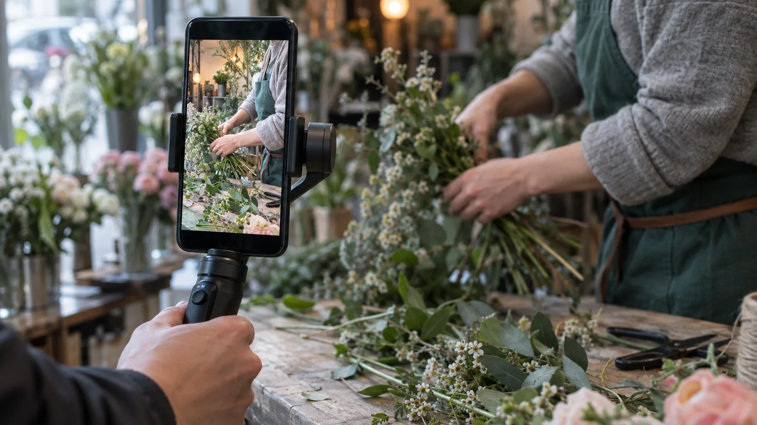 Telefon pe stabilizator filmând vertical într-un mic magazin