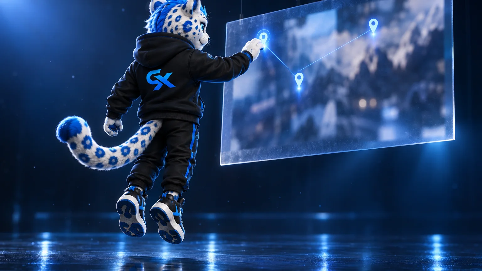 NEX, mascota CONCEPTIX, fixează etichete luminoase peste o fotografie