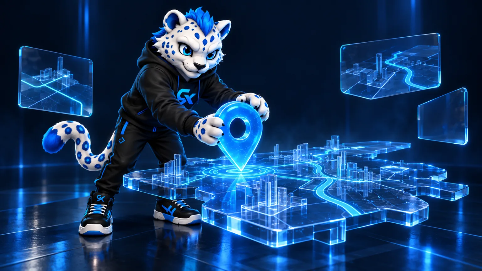NEX, mascota CONCEPTIX, așază un marcaj de localizare din sticlă luminoasă peste o hartă de oraș