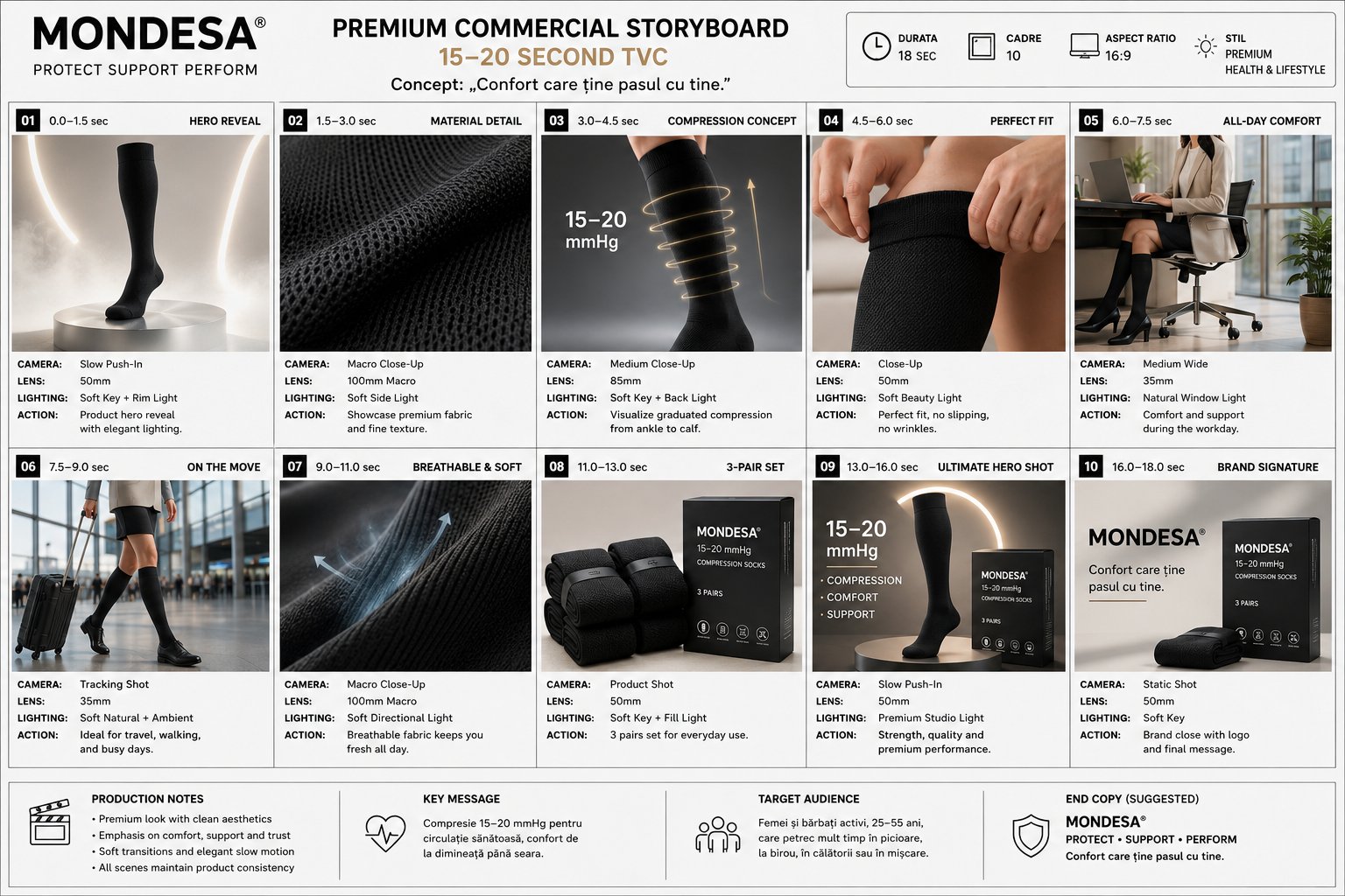 Storyboard real cu 10 cadre pentru un clip video de reclamă AI de 18 secunde, brand MONDESA