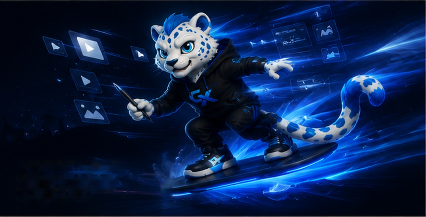 Mascota CONCEPTIX pe o placă de hoverboard, înconjurată de iconițe creative — creativitate fără limite
