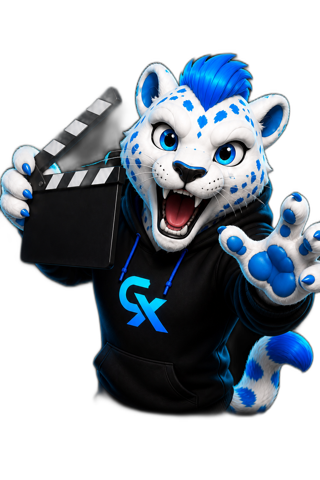 Mascota CONCEPTIX cu clapeta de regie, aplecată spre cameră, strigând «Action!»