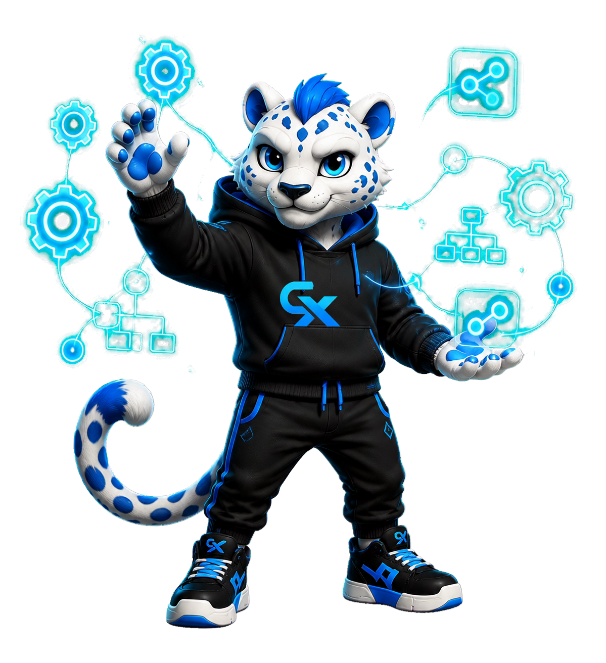 Mascota CONCEPTIX orchestrând o automatizare fără cod, conectând CRM și social media
