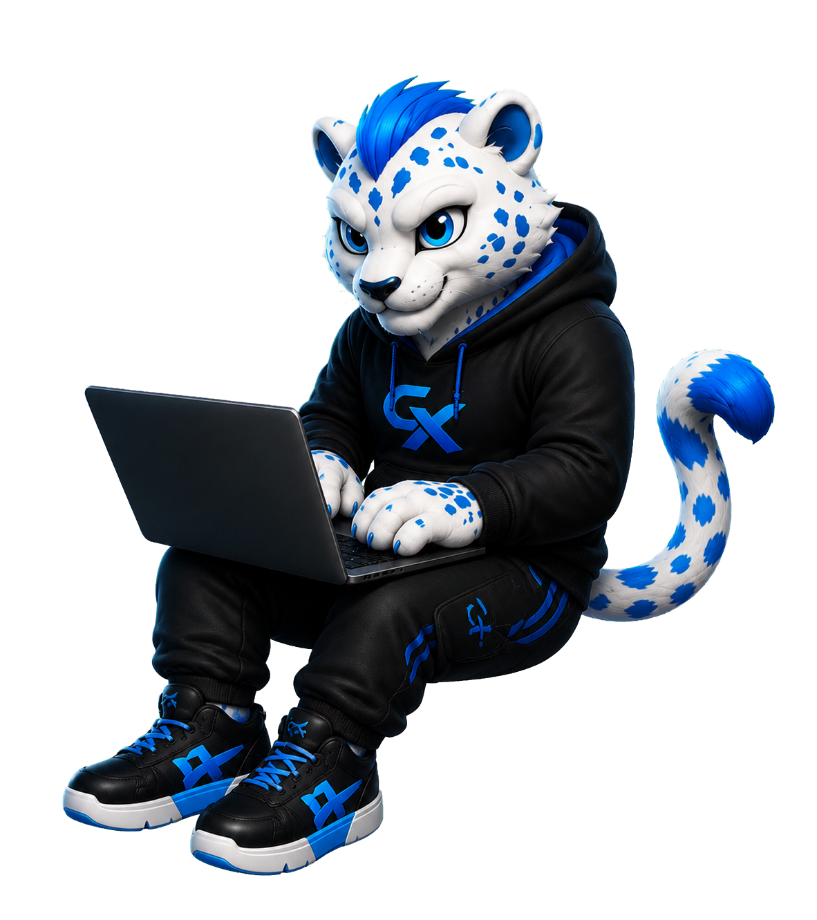 Mascota CONCEPTIX lucrând pe laptop la un site creat cu AI, așezată pe marginea casetei