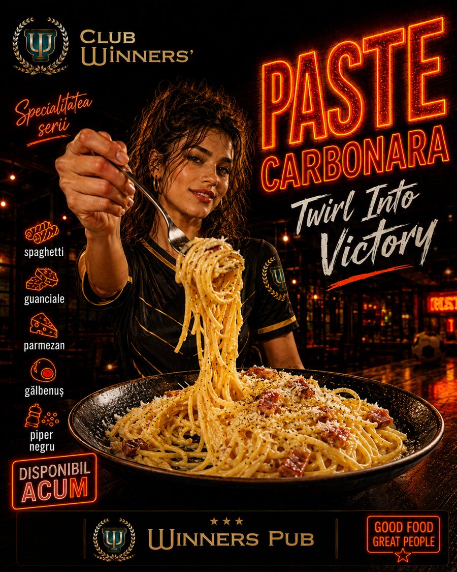 Postare social media generată cu AI pentru Club Winners' Pub, promovare paste carbonara