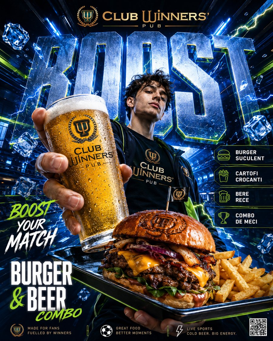 Postare social media generată cu AI pentru Club Winners' Pub, promovare combo burger și bere