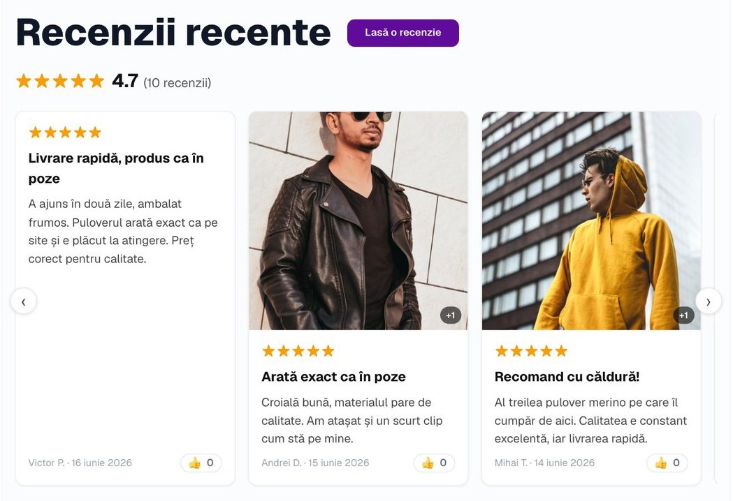 Galerie de recenzii cu poze, dintr-o pagină demonstrativă, cu recenzii de exemplu